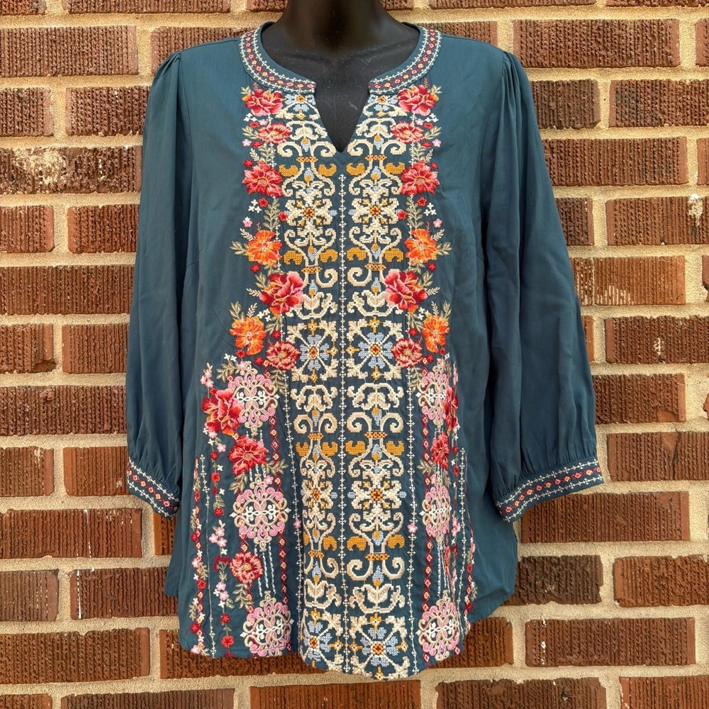 Savanah Jane Womens Top Small Green Embroidered Boho V Neck Peasant Festival